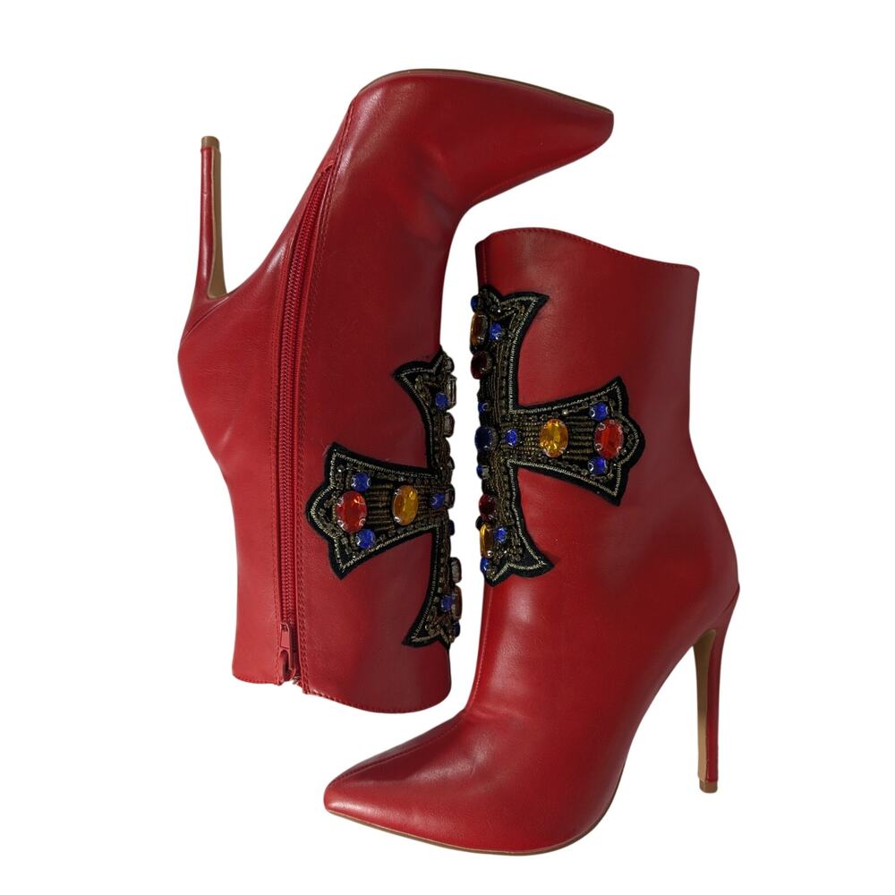 NWOT! FAB ROUGE RED ANKLE BOOTS WITH BEADED & JEWELED, EMBROIDERED CROSS! SZ 6 - Picture 7 of 11